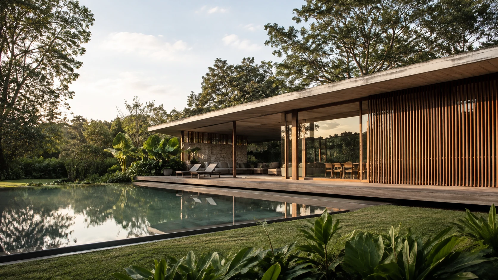 SERRA Arquitetura — residência conceitual em concreto, madeira e jardim tropical
